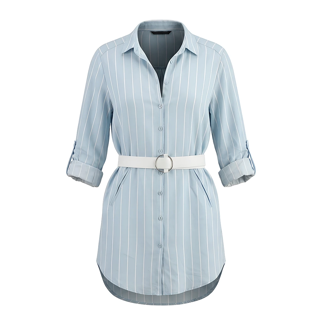 AI ghost mannequins example of a light blue striped women's belted shirt dress — ghost mannequin product photography on a pure white background, ready for Amazon and Shopify