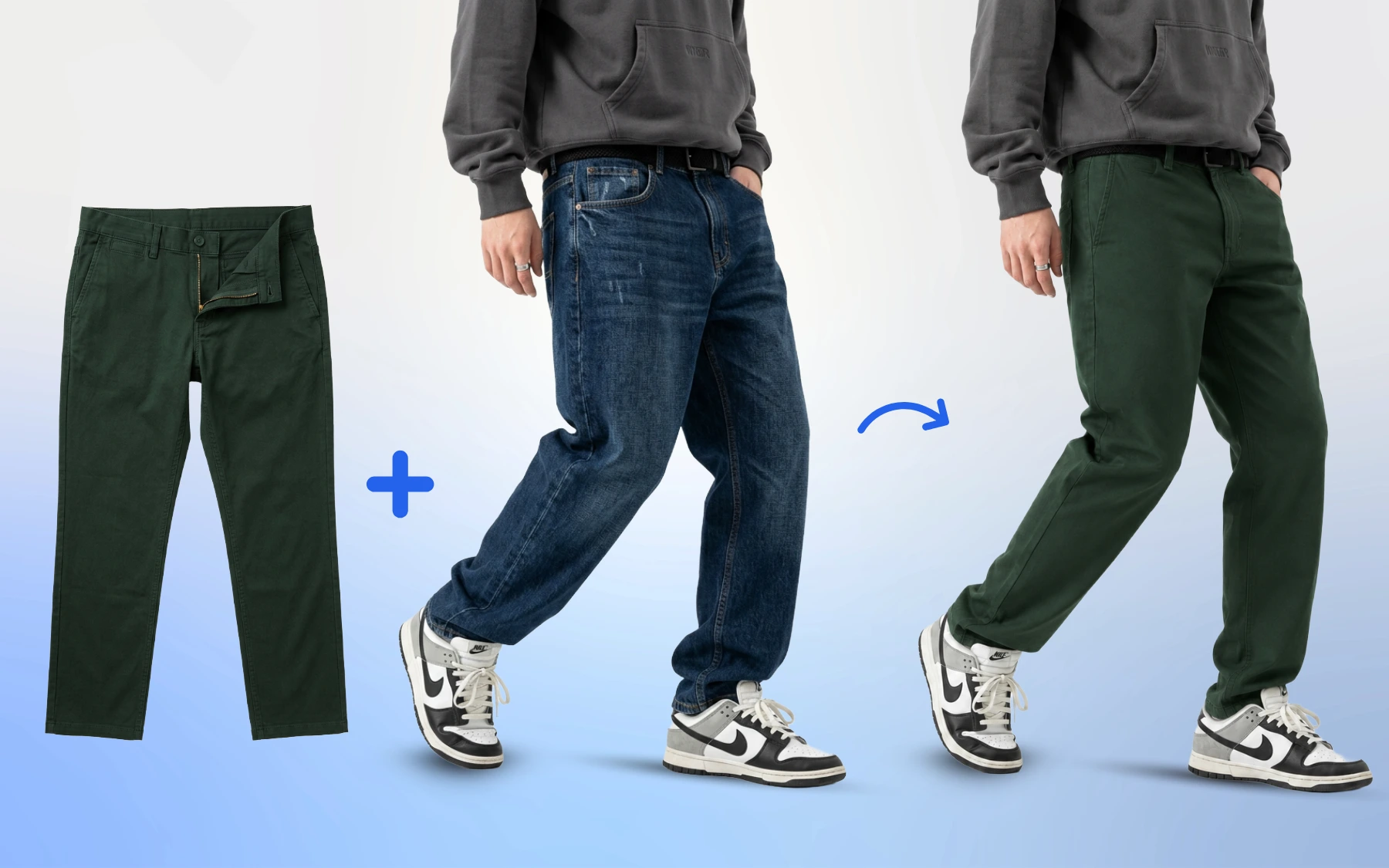 Cloth swapping AI by AfterTaken — male model's blue denim jeans swapped to olive green chinos using AI virtual try-on for lower-body bottom wear
