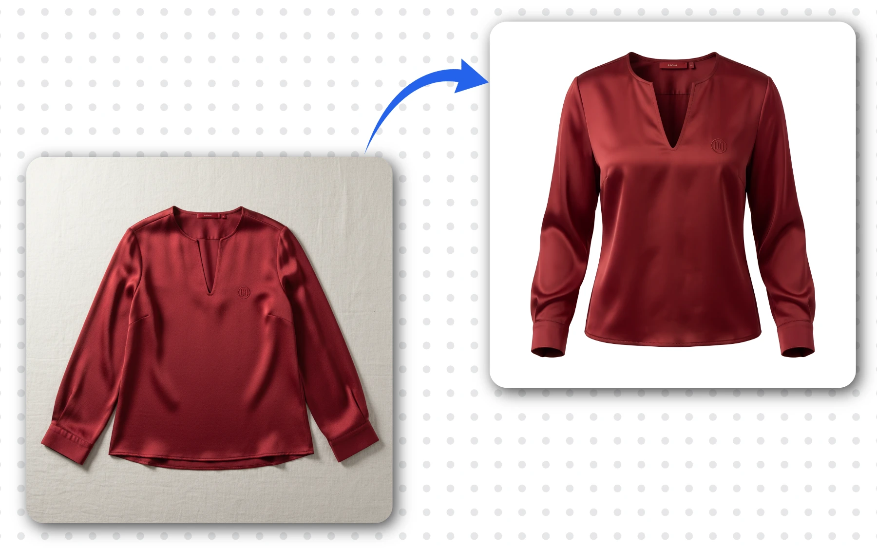 Ghost mannequin photography example — flat lay women's dark red satin top transformed into invisible mannequin photography by AfterTaken's AI ghost mannequins tool, before and after on white background
