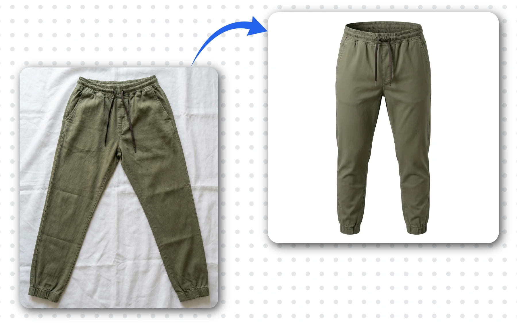 Men's olive green jogger pants flat lay photo transformed into invisible mannequin photography by AfterTaken — ghost mannequin product photography before and after on white background