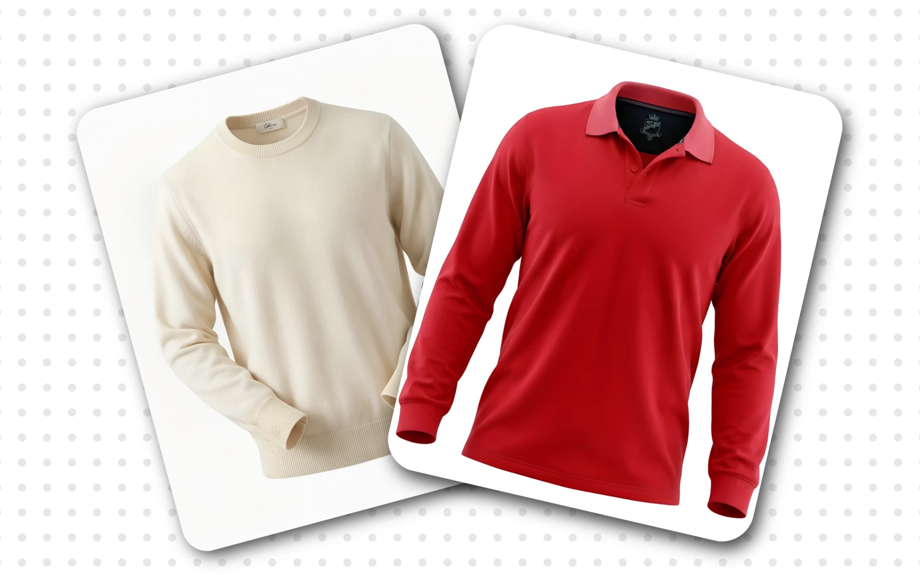 Men's beige knitwear sweater and red polo shirt with AI ghost mannequins effect by AfterTaken — ghost mannequin product photography on white background for e-commerce listing