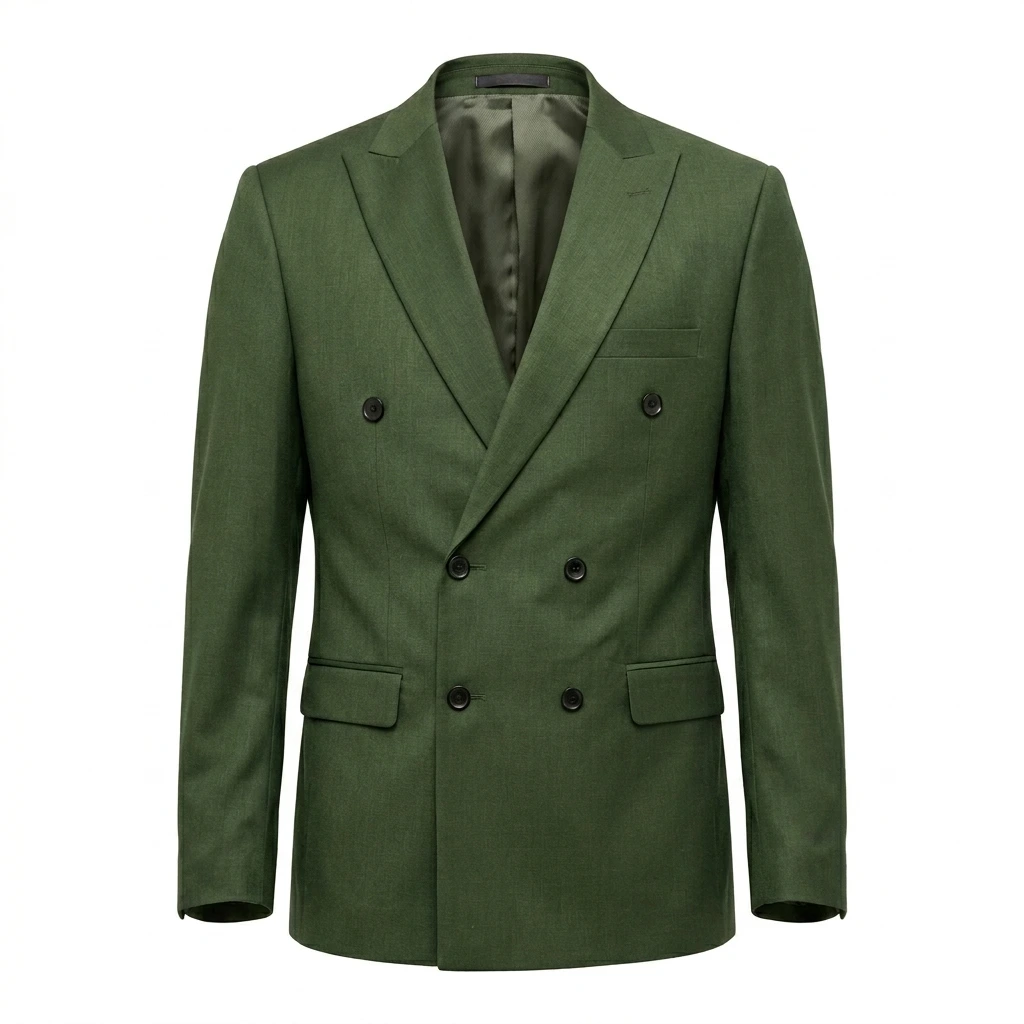 Ghost mannequin photography example — men's green double-breasted suit blazer with invisible mannequin effect on a pure white background, AI ghost mannequins preview by AfterTaken