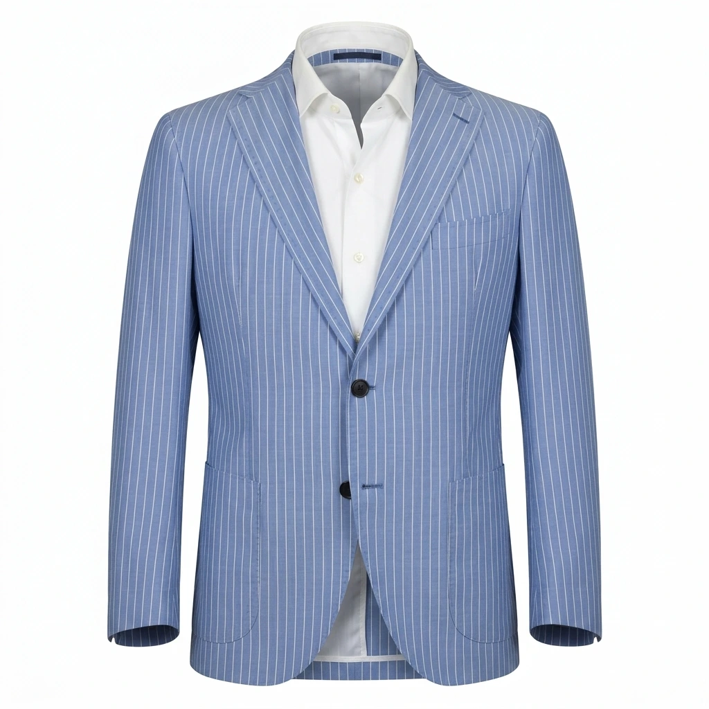 Ghost mannequin photography of a men's blue pinstripe suit blazer with white inner shirt — AI invisible mannequin photography by AfterTaken on a clean white background