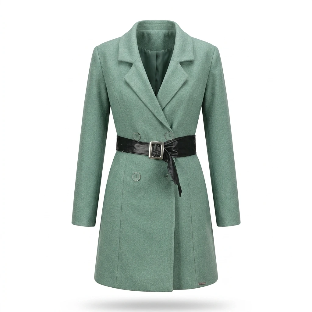 Invisible mannequin of a women's sage green belted long coat — AI ghost mannequins result by AfterTaken showing natural 3D drape and fit on a white background