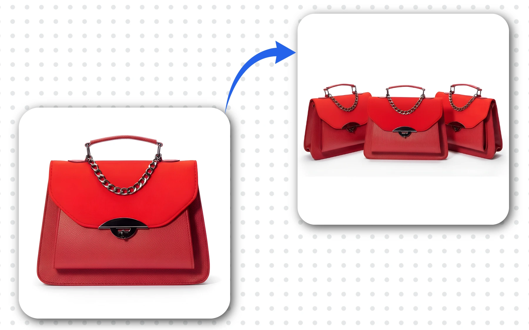 Single red handbag photo transformed into AI-generated Pack of 3 multipack product bundle image by AfterTaken showing before and after comparison