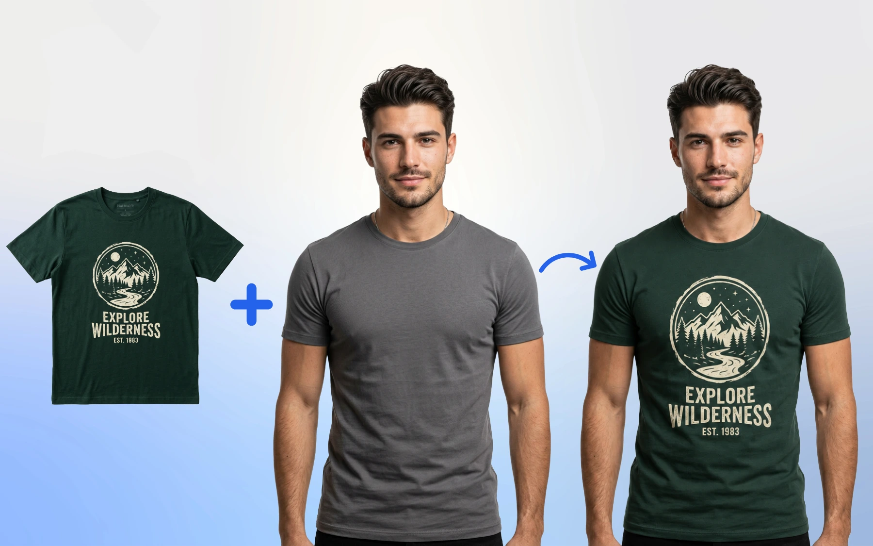 Virtual try on man t-shirt using AfterTaken — flat-lay dark green Explore Wilderness graphic t-shirt swapped onto a male model wearing a grey crew-neck, AI clothes swap before and after