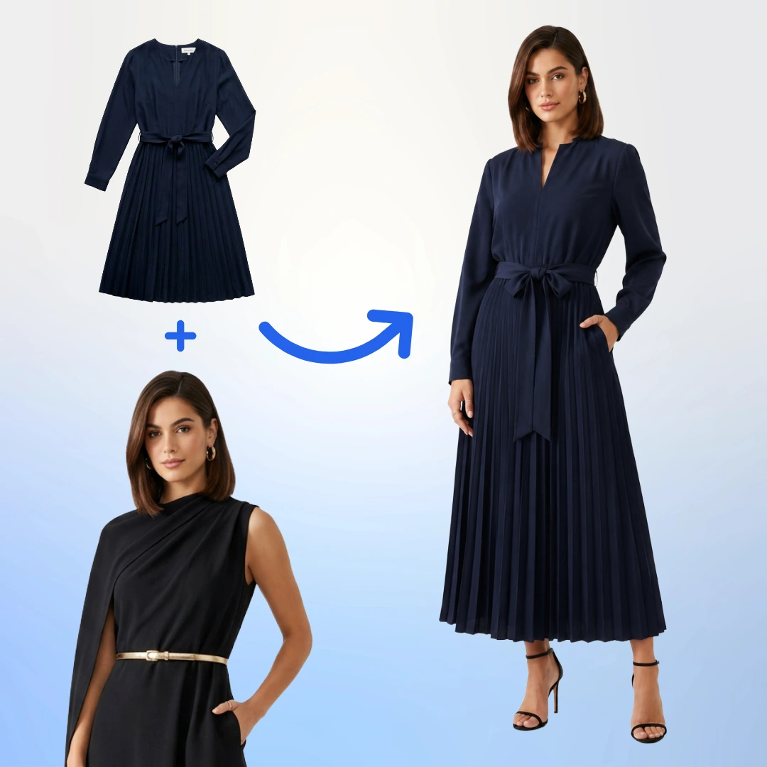 Virtual try-on of woman clothing using AfterTaken — navy pleated midi dress placed onto a female model from a flat-lay product photo