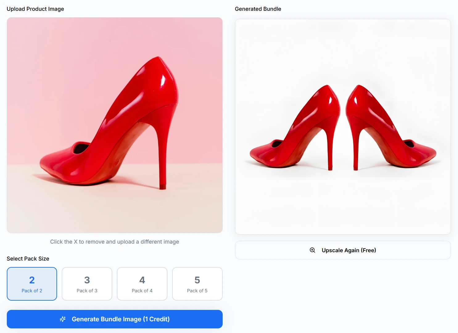 AfterTaken AI Product Bundle Generator interface showing product image upload area with red high heel shoe, pack size selector with options 2 3 4 5, generate button, and generated bundle preview with upscale option