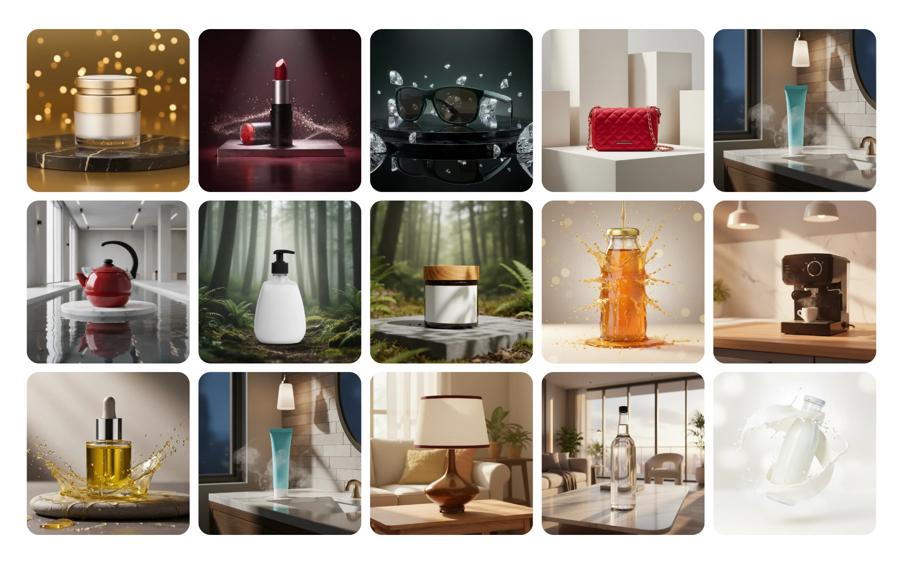 Sample AI-generated product photos across cosmetics, fashion accessories, home goods, and beverages by AfterTaken