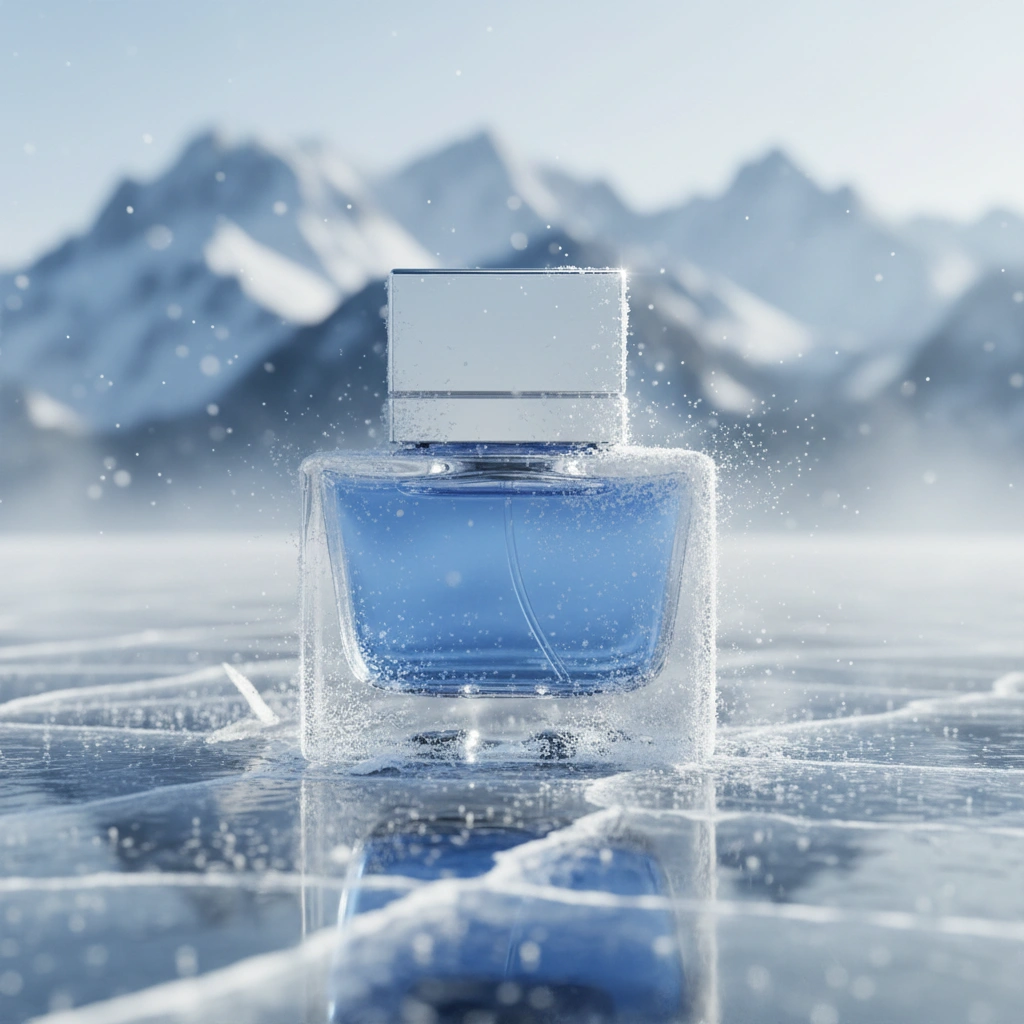 Product photography on icy surface with snow-covered alpine mountains