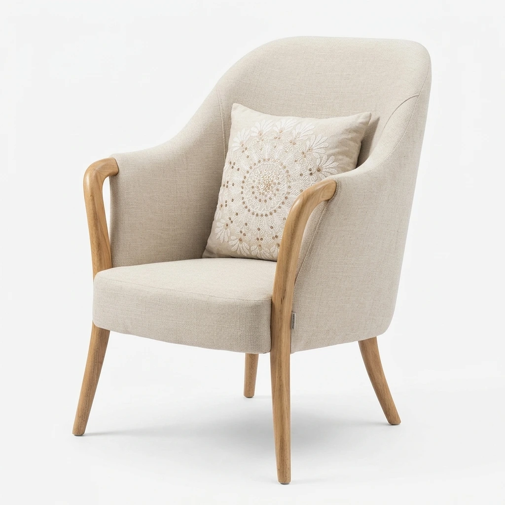 AI-generated Amazon primary photo of a beige armchair on pure white background — three-quarter view