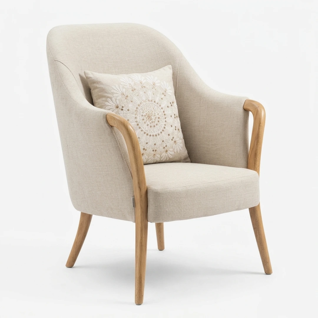 Amazon-compliant white background product photo of a fabric armchair — side angle