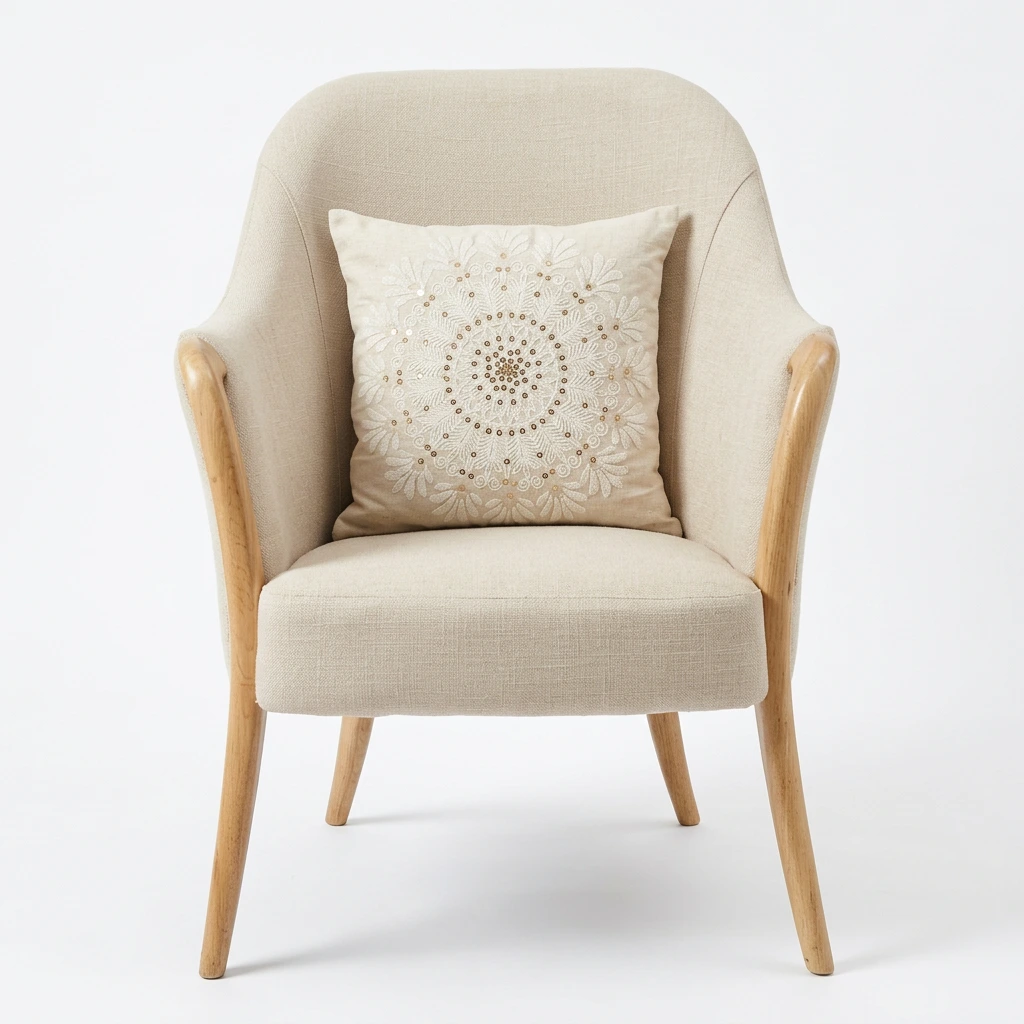 Front view Amazon primary image of an upholstered chair with a decorative cushion on white background