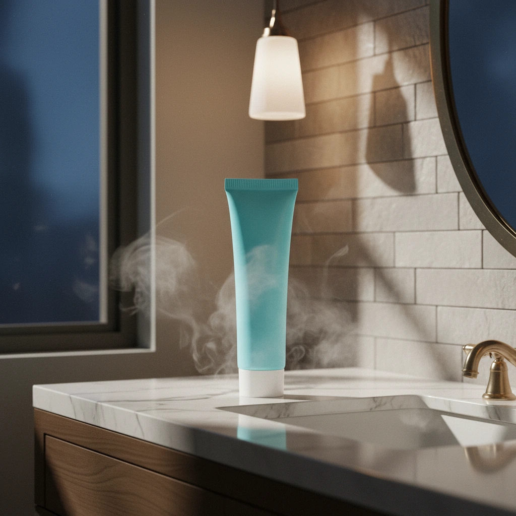 Night bathroom product photography with warm pendant lighting steam effects and marble sink setting