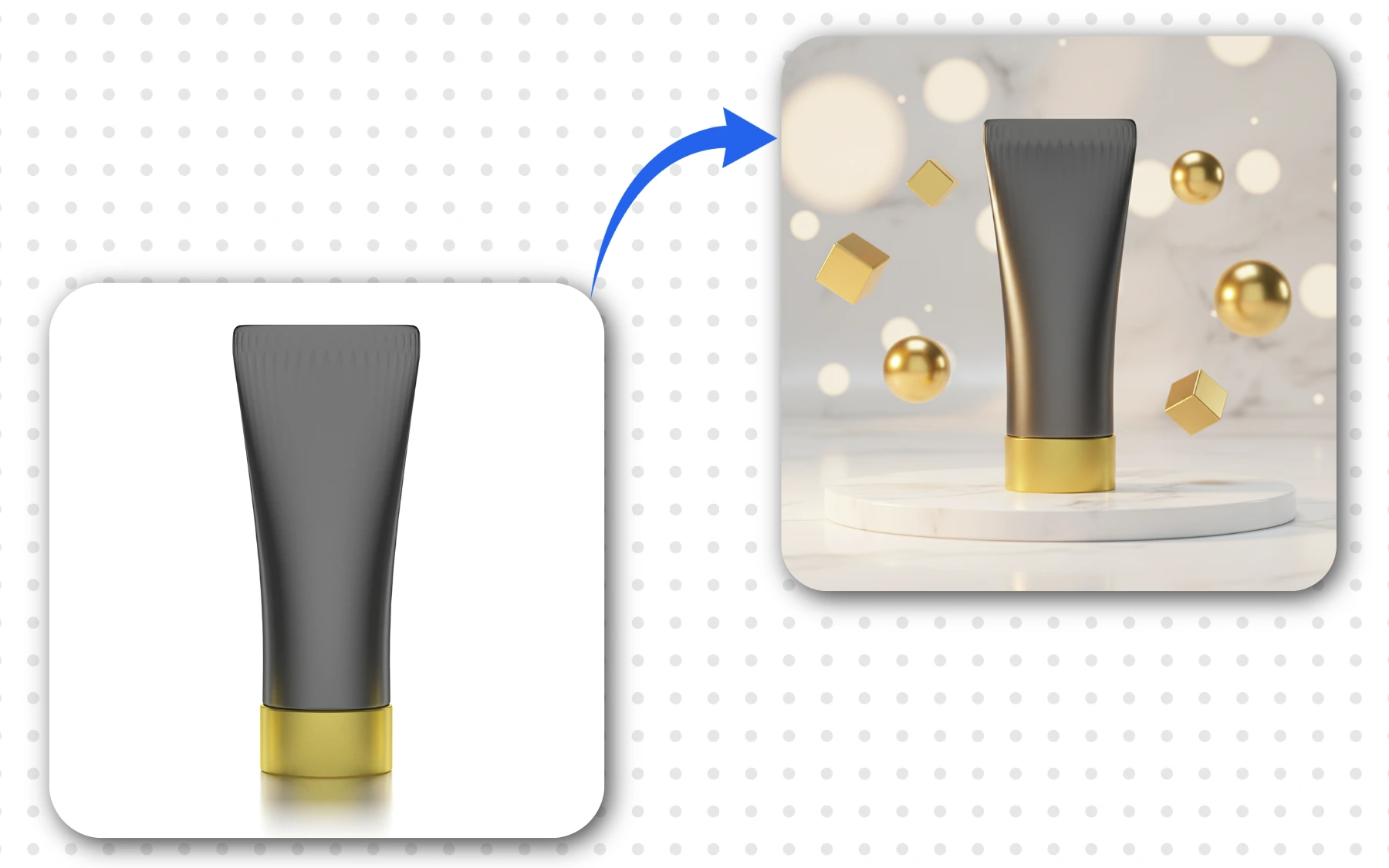 Before and after AI product photography — plain cosmetic tube transformed into luxury marble podium scene with floating gold spheres and cubes by AfterTaken