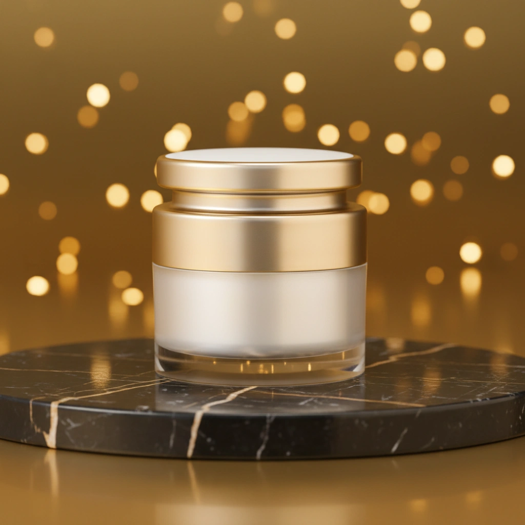 Premium black marble podium product photography with gold veins and golden bokeh lighting