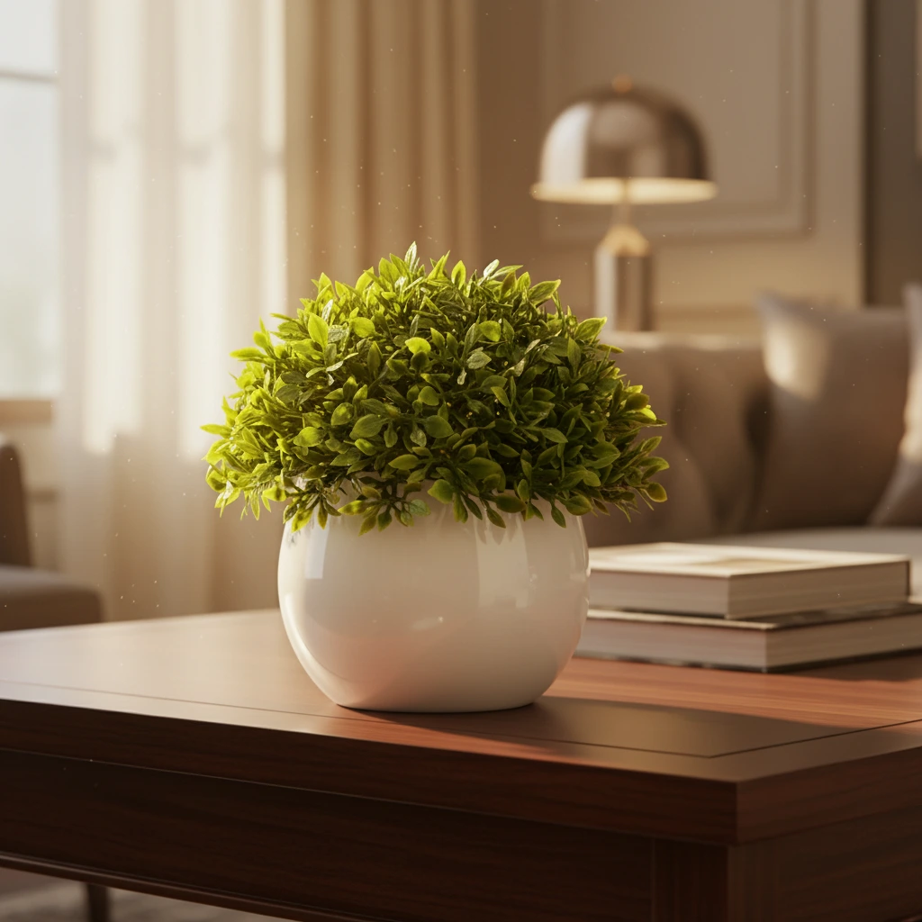 AI indoor product photography — plant pot in cozy living room