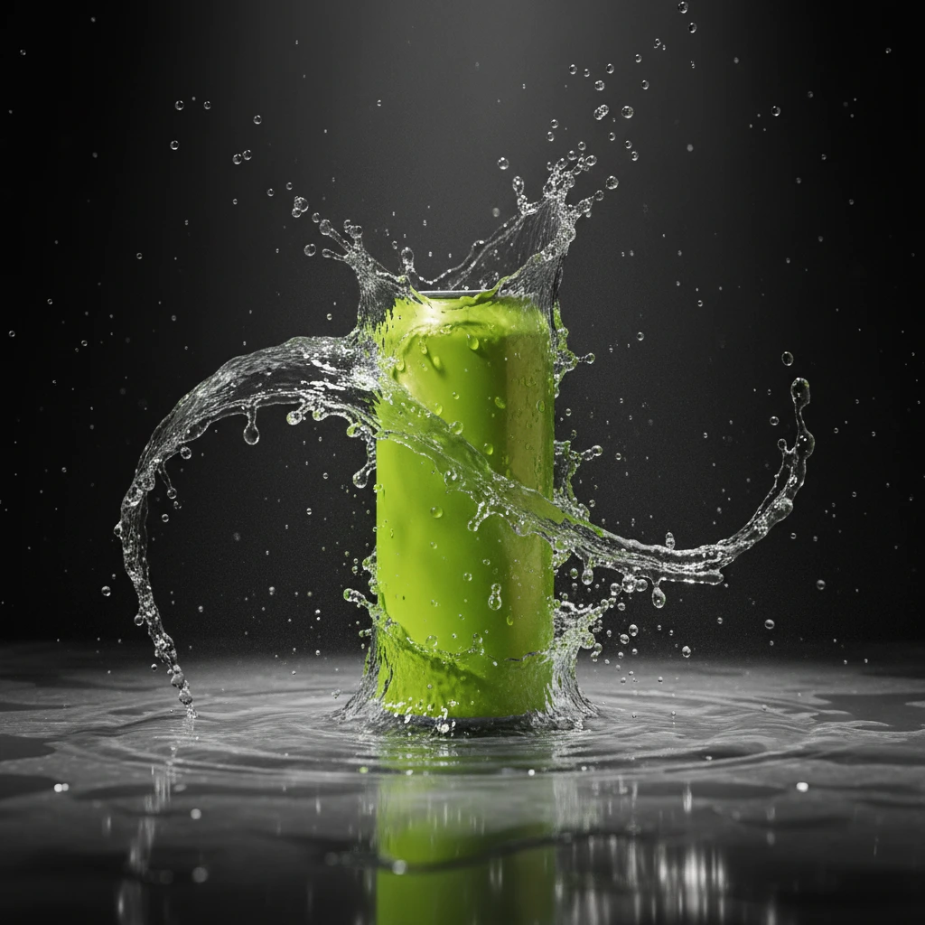 AI liquid splash product photography — energy drink with water splash