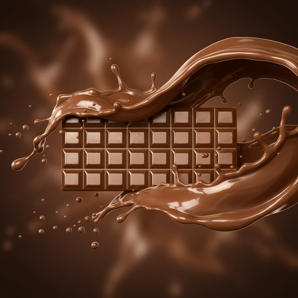Product photography with thick chocolate milk splash waves warm brown glossy texture and dramatic side lighting