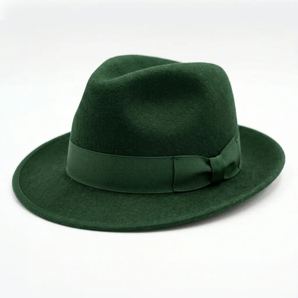 AI color changed fedora hat from black to forest green using AfterTaken, preserving ribbon texture and felt material