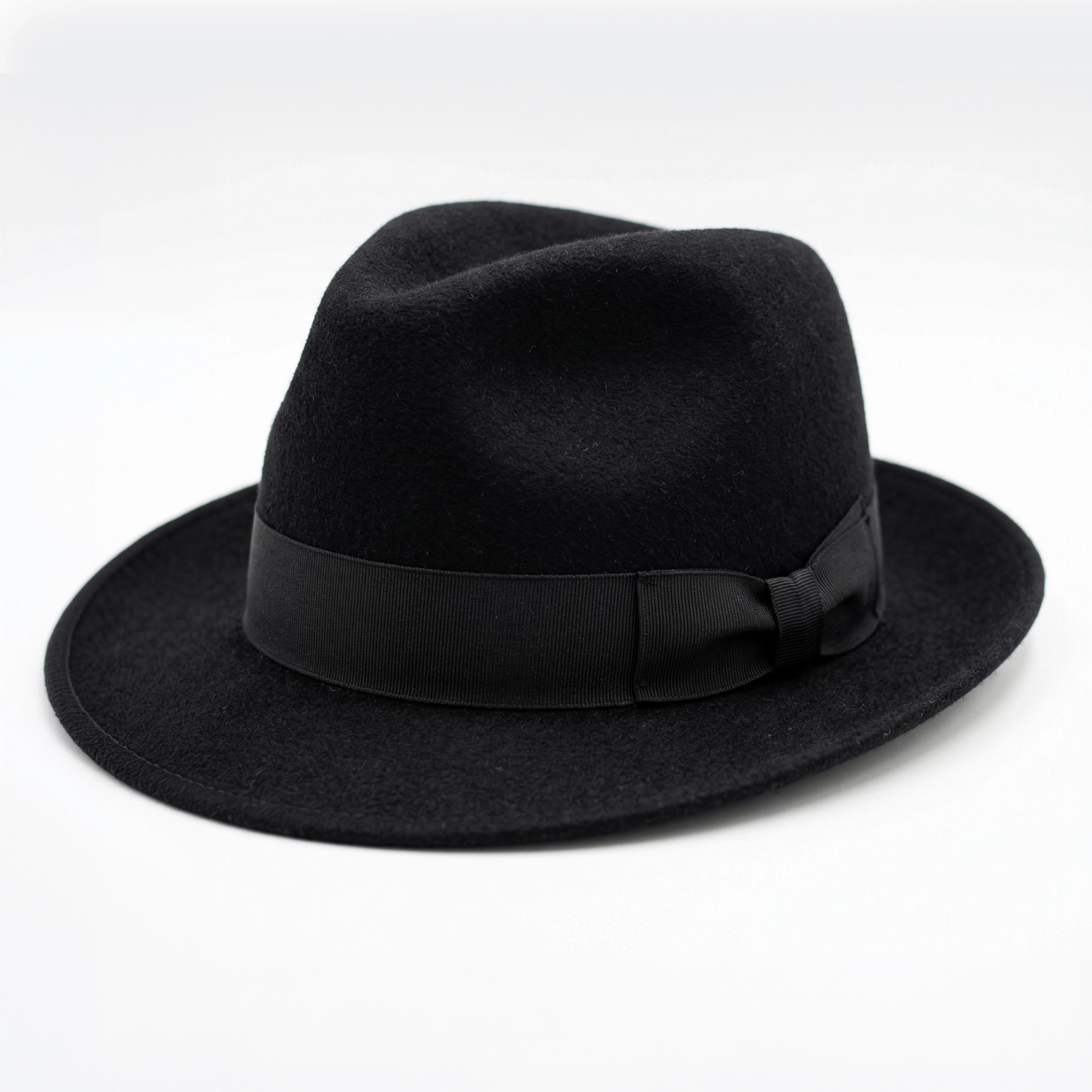 Original black fedora hat with ribbon band before AI color change by AfterTaken