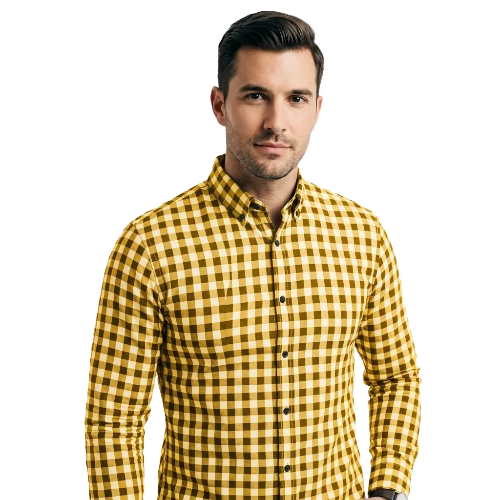 AI color changed men's shirt from black checkered to golden yellow checkered pattern using AfterTaken