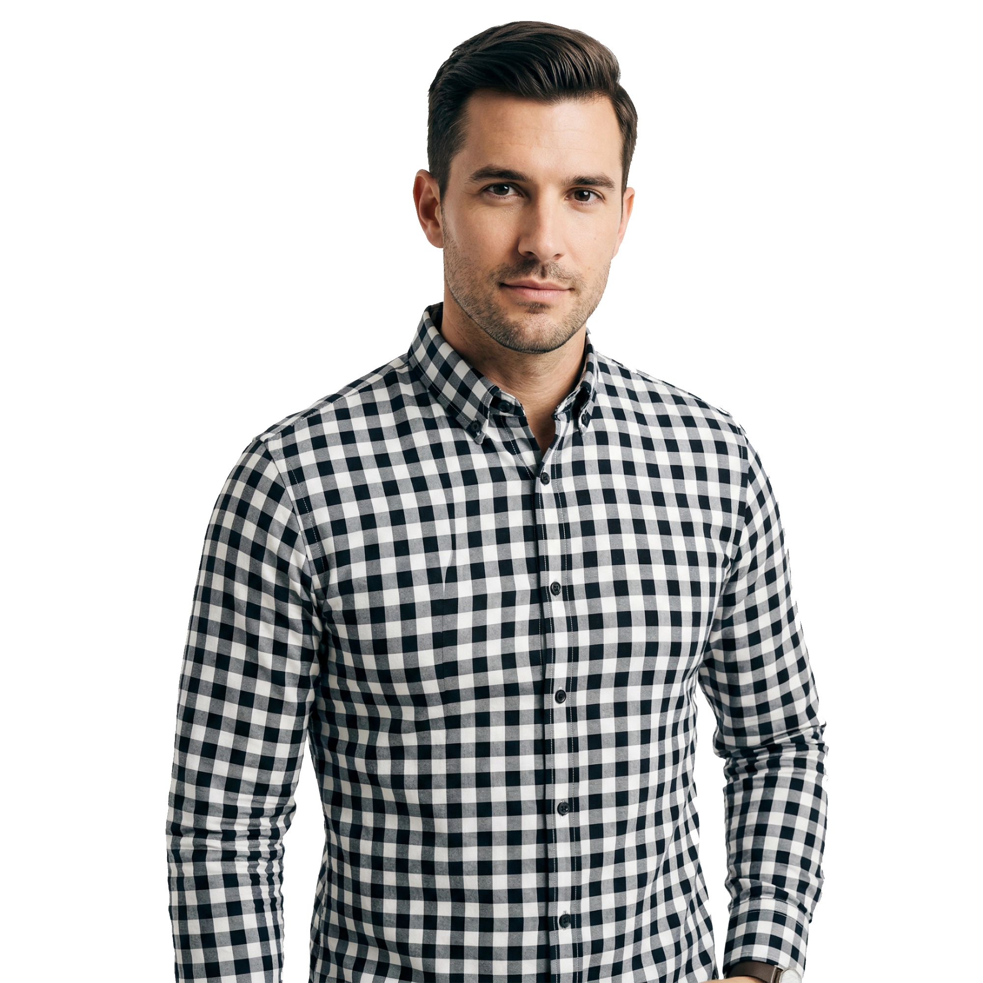 Original men's black and white checkered shirt before AI color change by AfterTaken