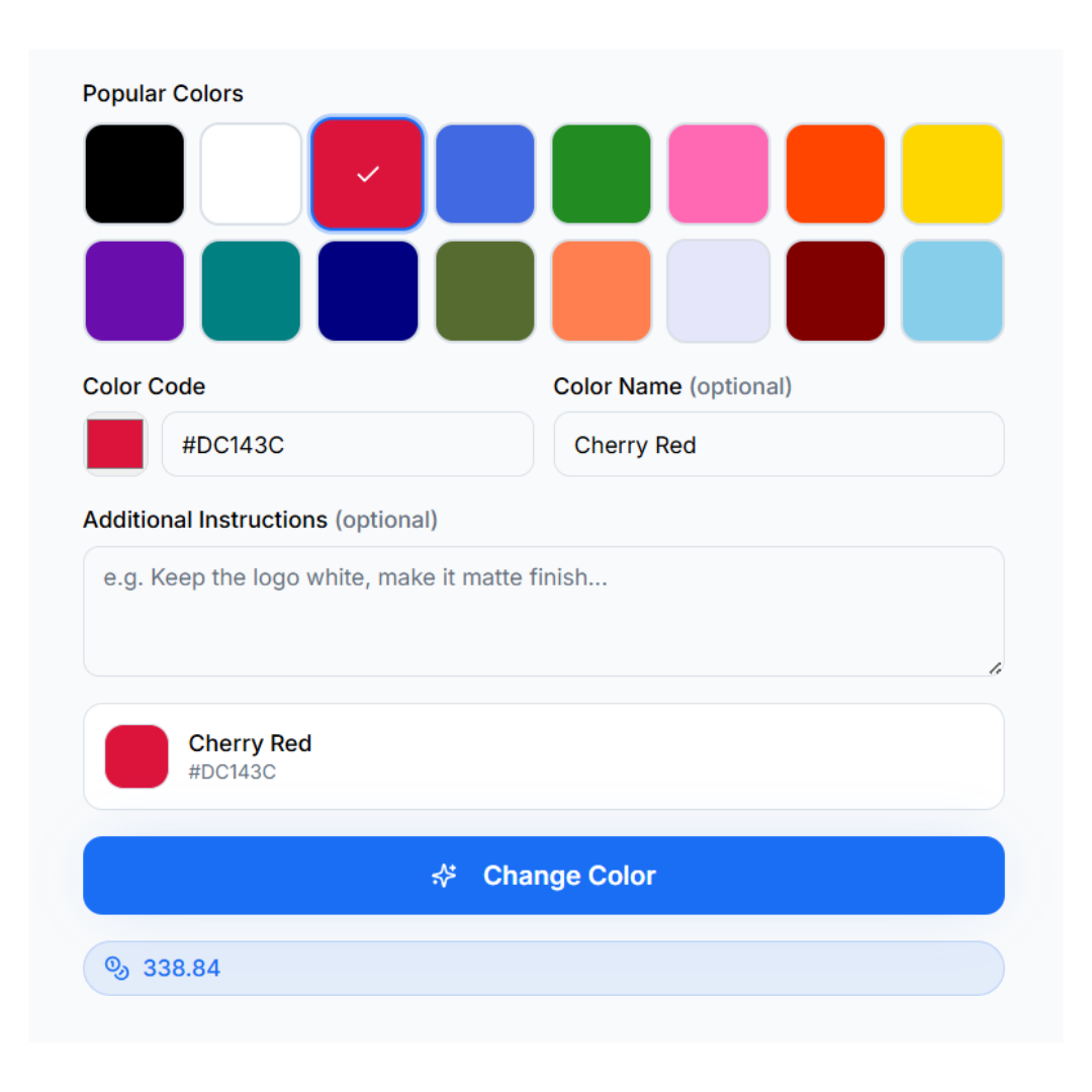 AfterTaken AI color changer user interface showing 16 preset color swatches, custom hex color input, color name field, and additional prompt instructions for product color changing