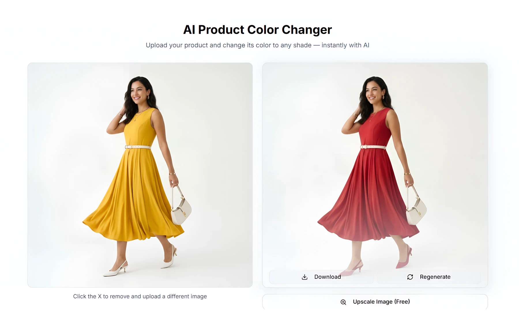 AI product color change — woman's yellow dress recolored to cherry red using AfterTaken, showing before and after comparison with preserved shadows and fabric texture