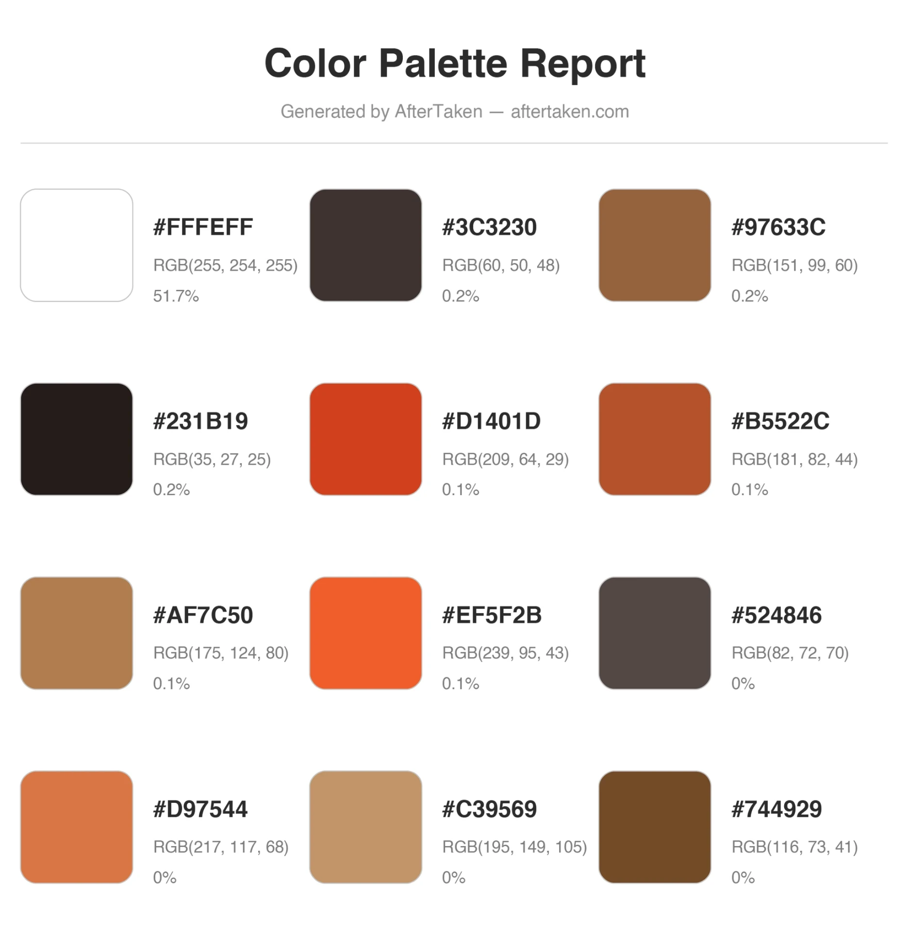 Example color palette report showing 12 extracted colors with Hex codes, RGB values and coverage percentages — generated by AfterTaken color extractor