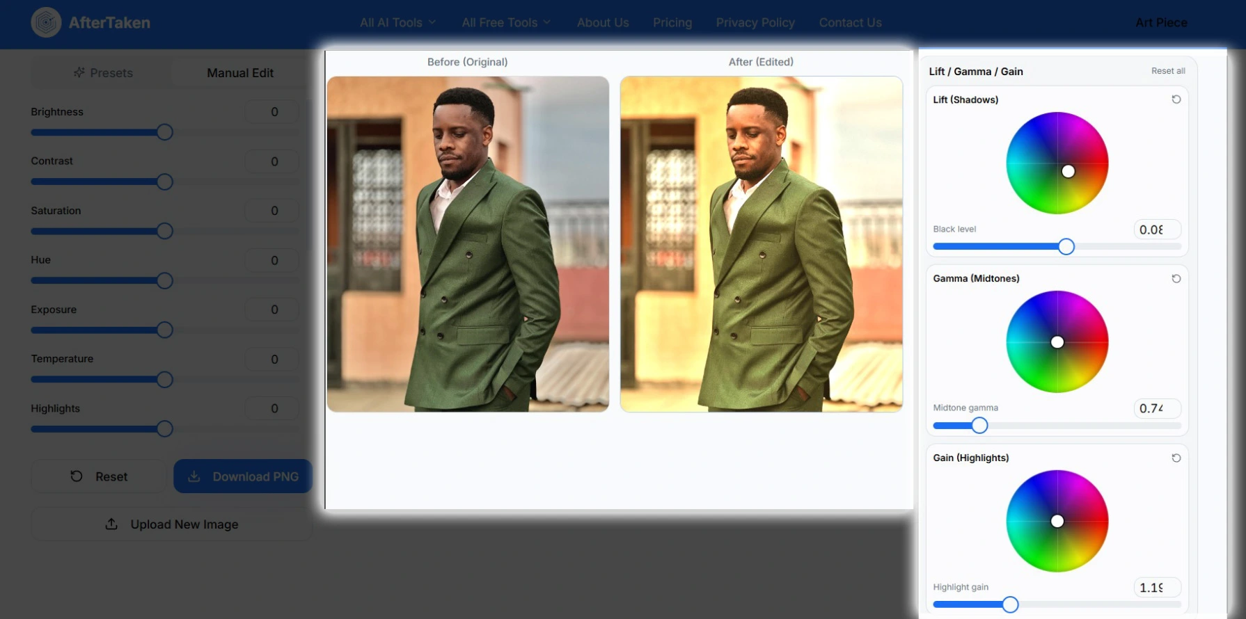 Lift Gamma Gain color wheels — professional film-style color grading panel with shadows, midtones and highlights controls for cinematic AI Photo Color Correction