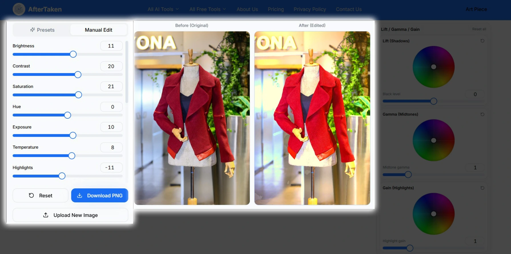 Manual edit sliders for AI Auto Color Correction Online — brightness, contrast, saturation, hue, exposure, temperature and highlights controls in free online photo editor