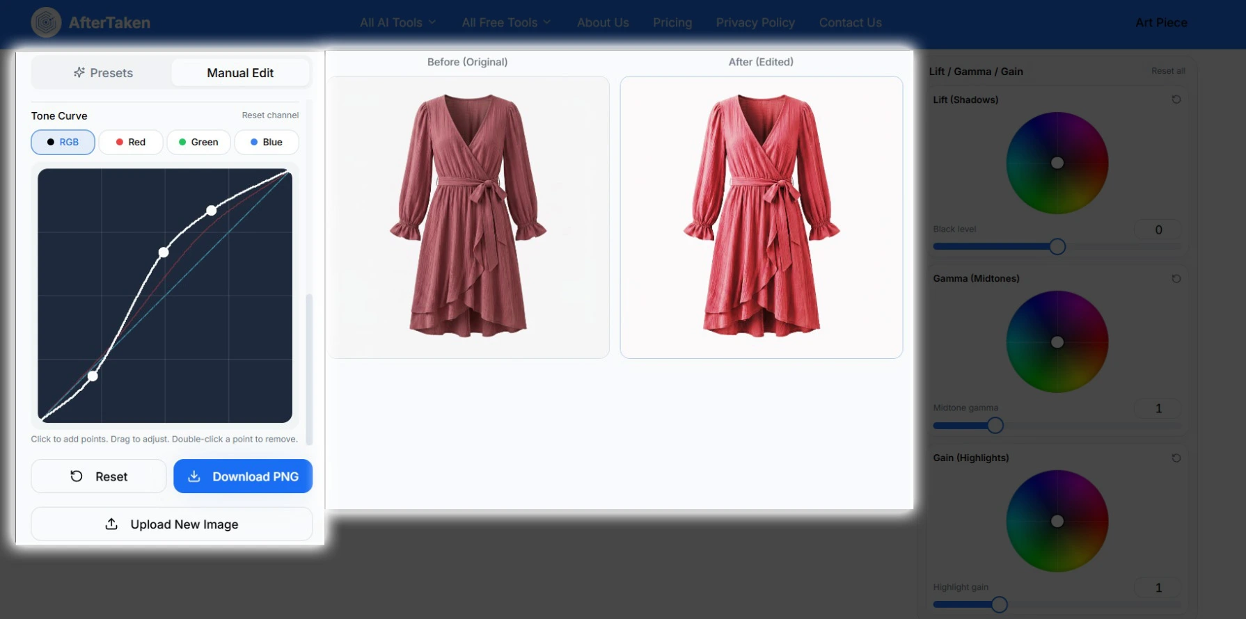 Professional Online Color Grading Tool — RGB tone curve editor with Red, Green and Blue channel controls to correct white balance and fine-tune product photography color