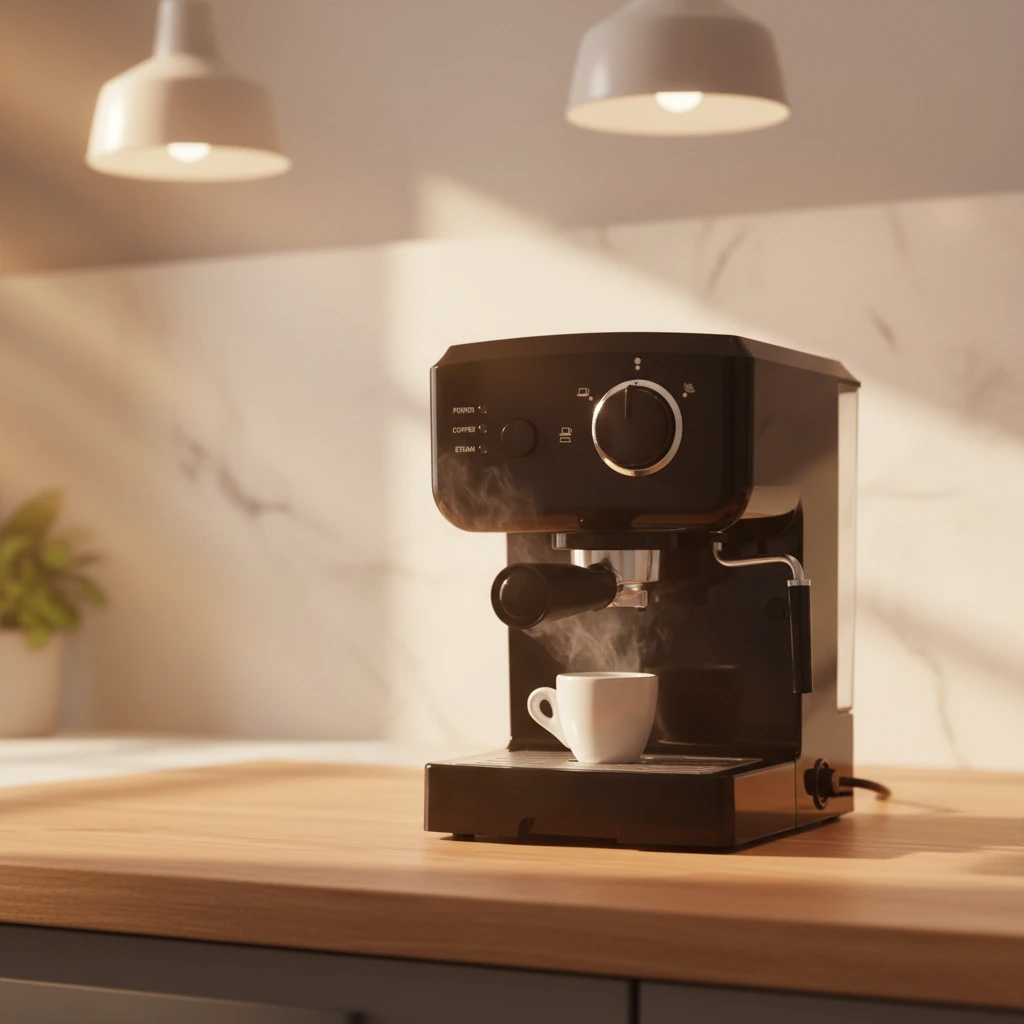 Cozy modern kitchen product photography with warm ambient lighting wooden countertops and pendant lights