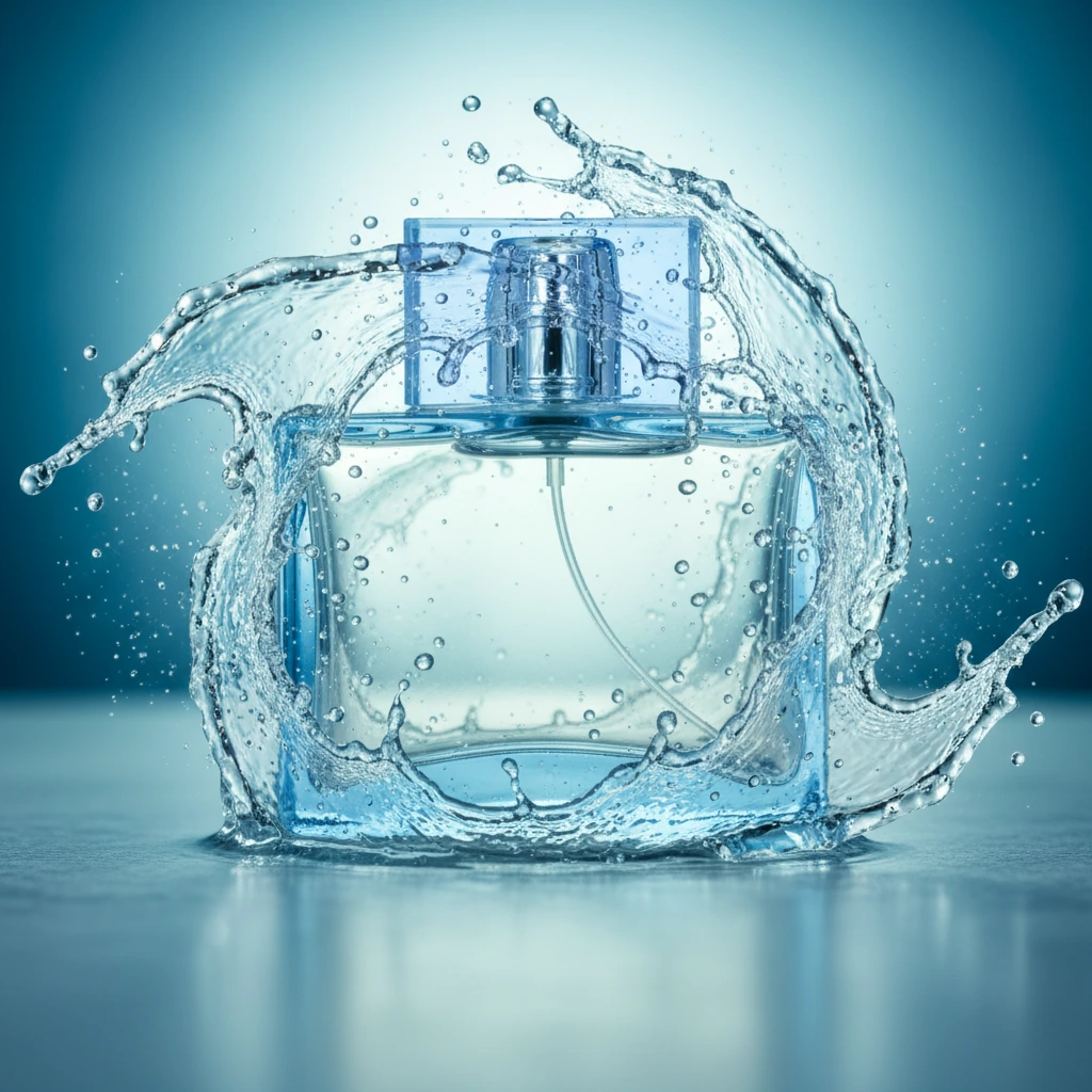 Product photography with crystal-clear water explosion droplets and cool aqua backlighting highlighting transparency