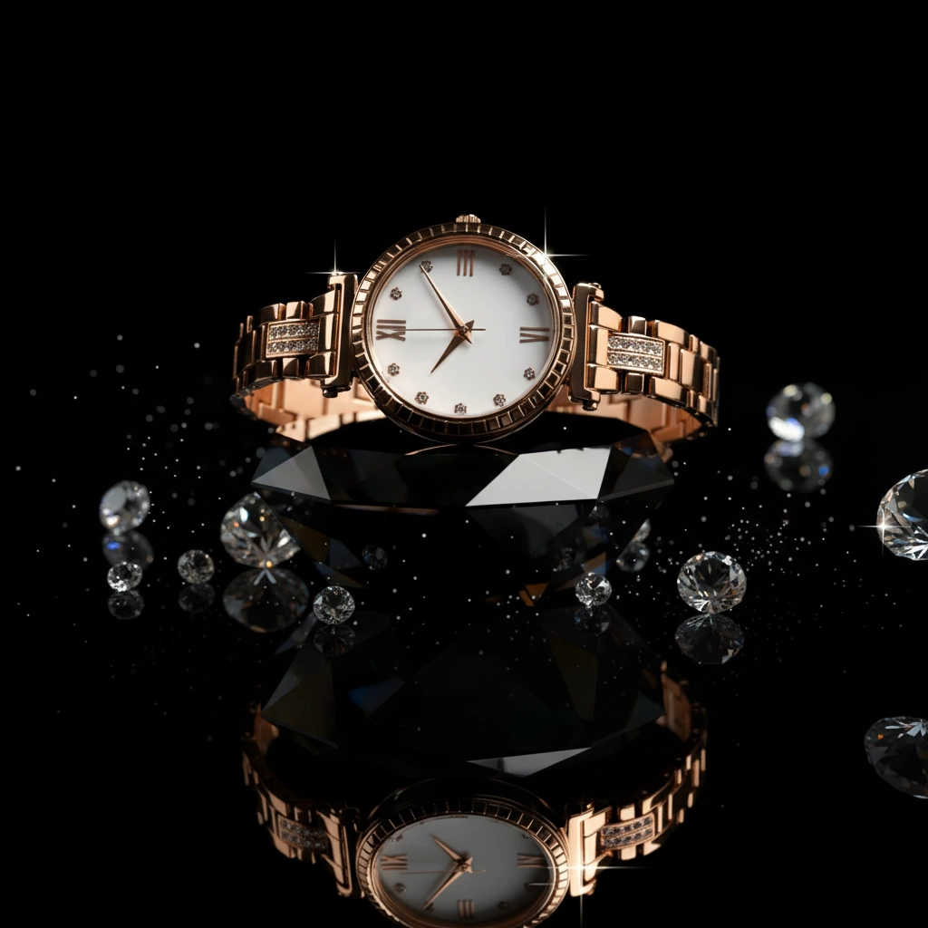 Luxury diamond couture product photography style with crystal prisms and sparkles on black background