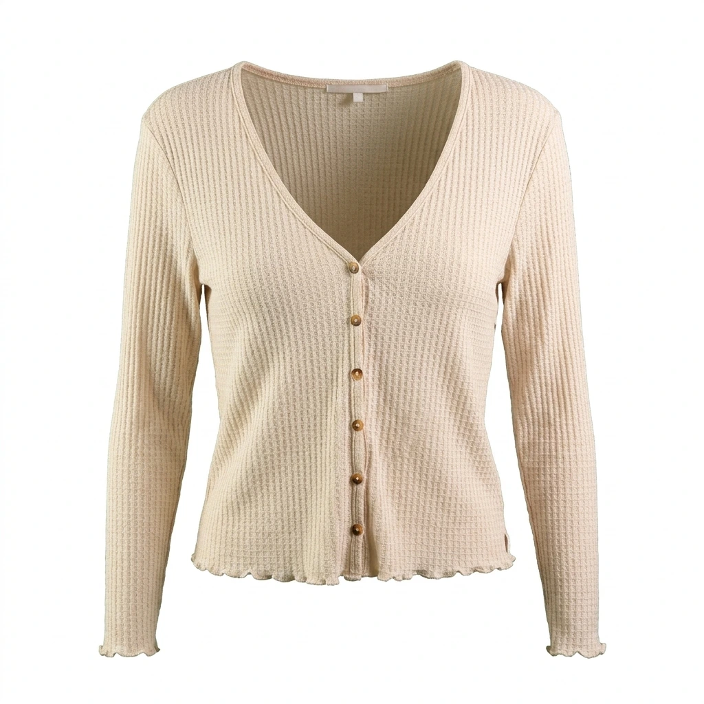 AI ghost mannequins result for a beige ribbed knit cardigan — replaces traditional dressing mannequins workflow with automated invisible mannequin photography on a white background