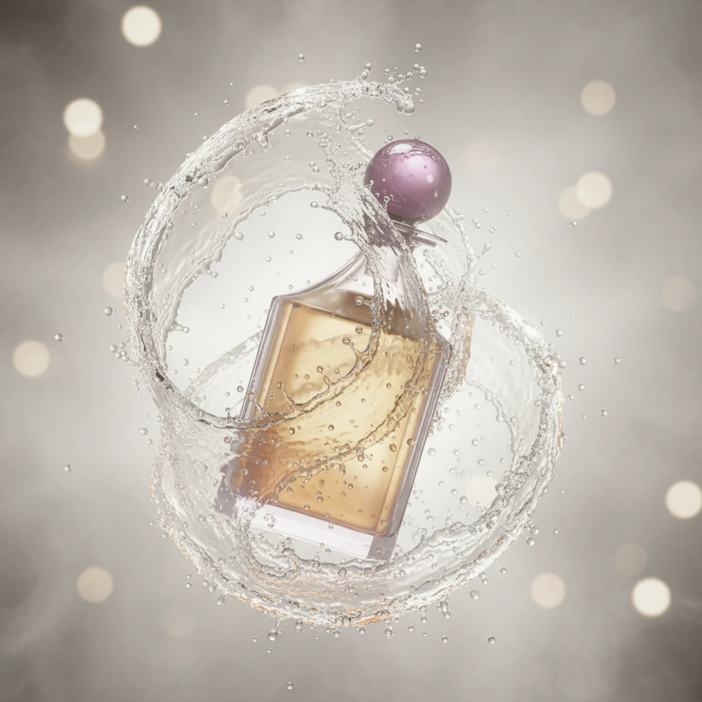 Product photography mid-air with dynamic water splashes light fog atmosphere and dramatic backlighting highlighting edges