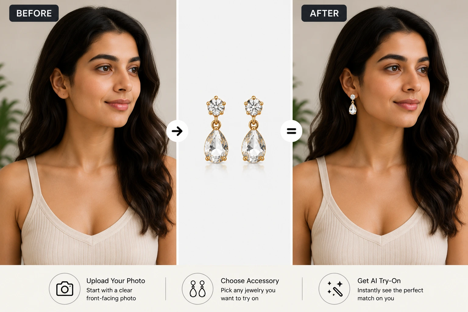 AI Accessories Try-On before and after — a model without earrings transforms to wearing gold diamond drop earrings using AfterTaken AI Accessories Try-On tool, showing the workflow: upload photo, choose accessory, get AI try-on result