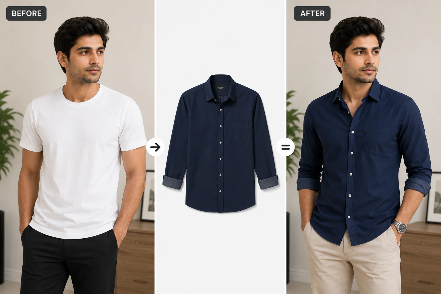 AI Virtual Try-On before and after for menswear — male model wearing a white t-shirt transforms into a navy blue formal shirt using AfterTaken AI Virtual Try-On tool for men's fashion e-commerce