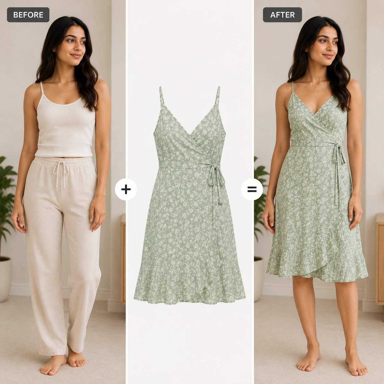 AI Virtual Try-On before and after — model photo plus green floral wrap dress flat-lay combined by AfterTaken AI to create a realistic on-model product image for a women's fashion e-commerce listing