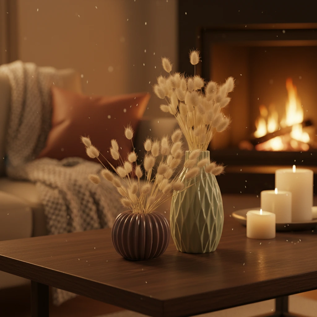 Fireplace glow product photography with flickering golden highlights candles and cozy home atmosphere
