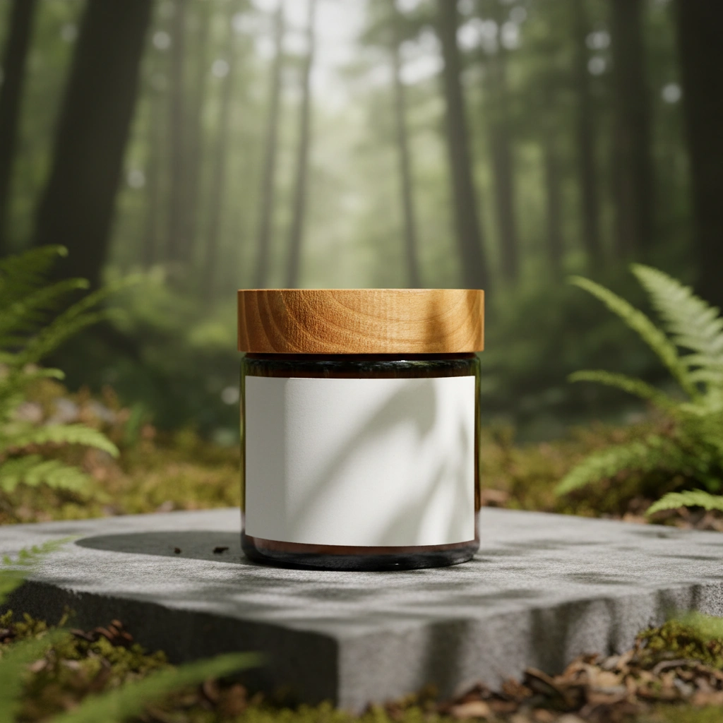 Product photography on natural stone surface in forest with soft lighting