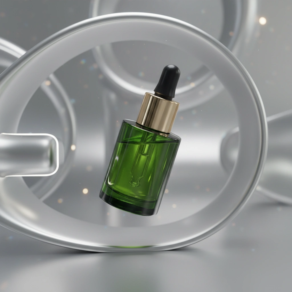 Futuristic platinum environment product photography with sci-fi metallic curves and glow effects