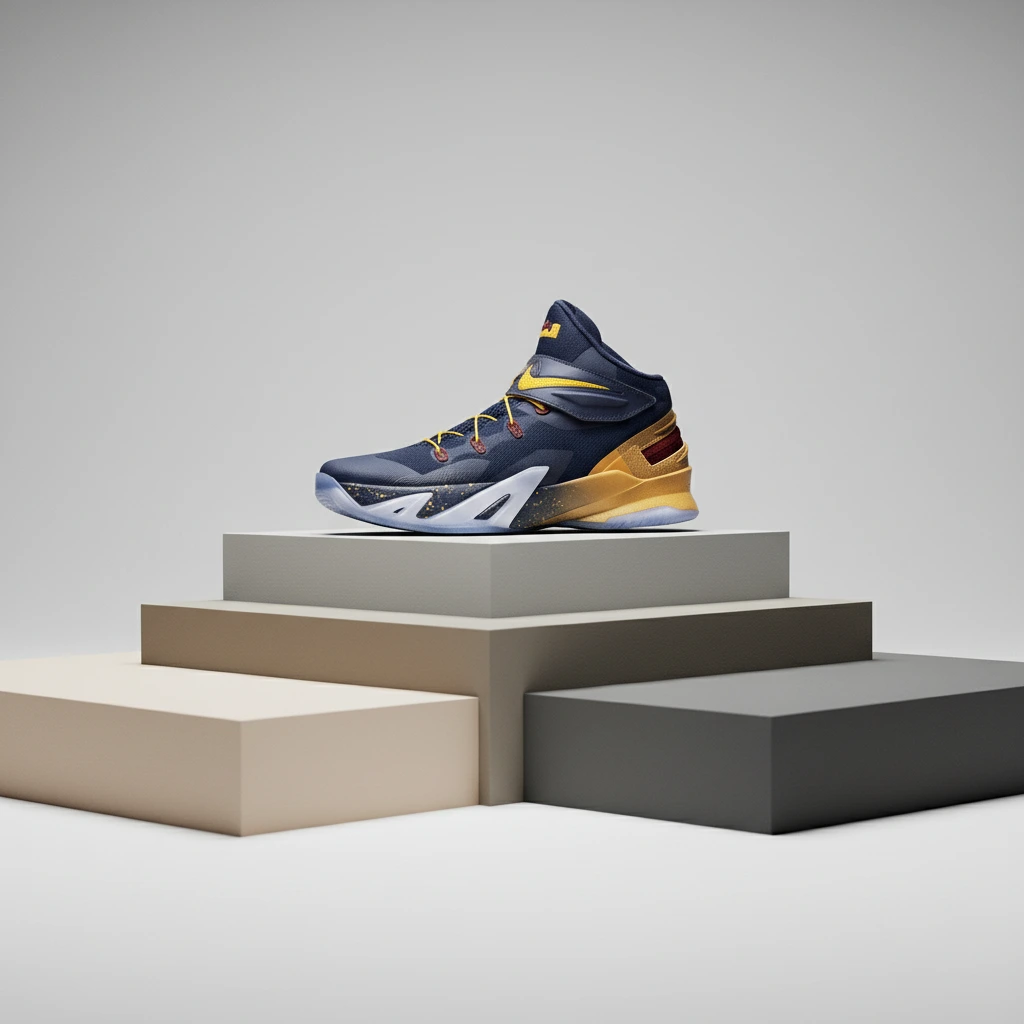 High-end studio product photography with layered geometric podiums and architectural design