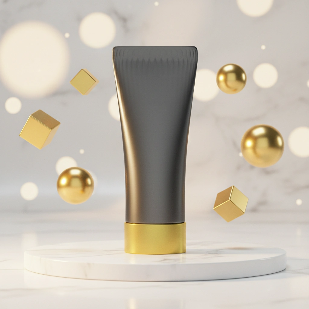 Modern luxury product photography with floating golden geometric shapes and soft bokeh