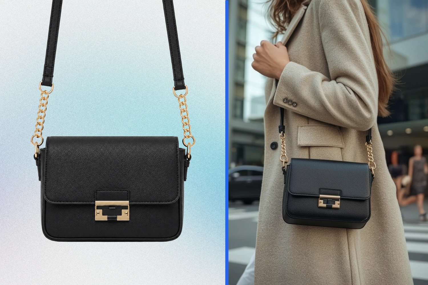 AI Handbags & Crossbody Bags Try-On - Black leather crossbody bag modeled over the shoulder on a walking female model