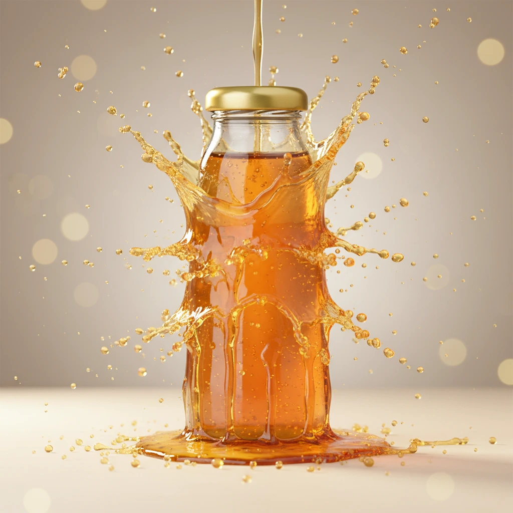 Product photography with golden honey splash thick viscous streams warm lighting and frozen droplets on clean background
