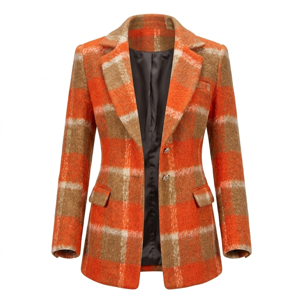 Invisible mannequin photography of an orange and beige plaid women's blazer — AI ghost mannequins result by AfterTaken on a pure white background for ecommerce fashion photography