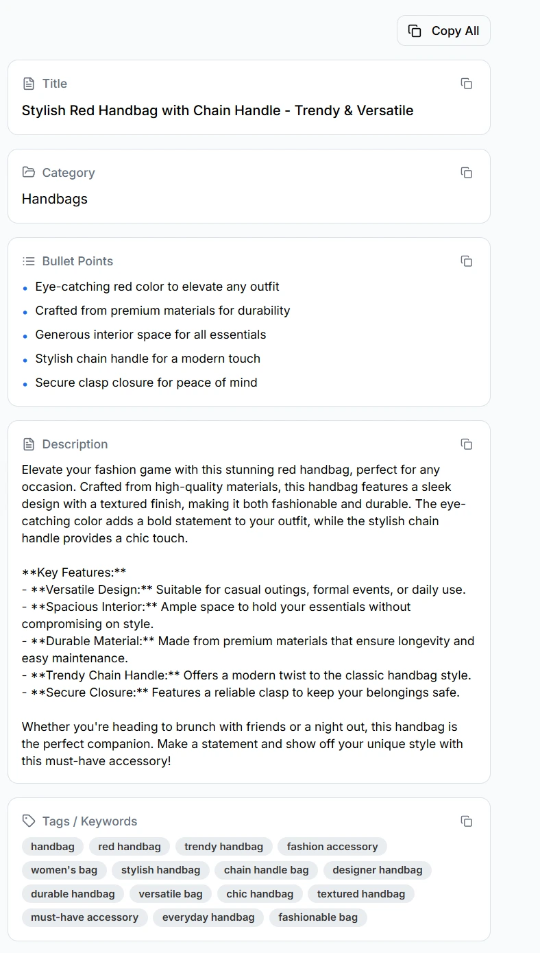 AI-generated eCommerce listing output showing SEO-optimized title, category, five bullet points, full product description with key features, and 15 relevant tags for a red handbag on AfterTaken